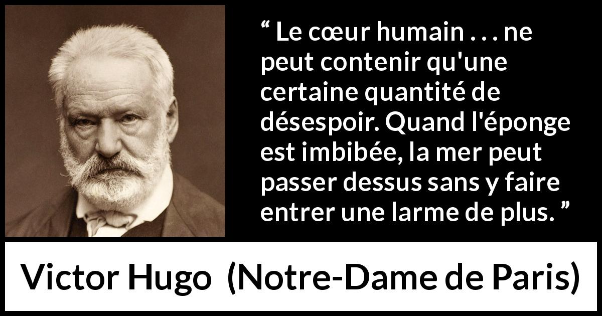 Citation de Victor Hugo sur le désespoir tirée de Notre-Dame de Paris - Le cœur humain . . . ne peut contenir qu'une certaine quantité de désespoir. Quand l'éponge est imbibée, la mer peut passer dessus sans y faire entrer une larme de plus.