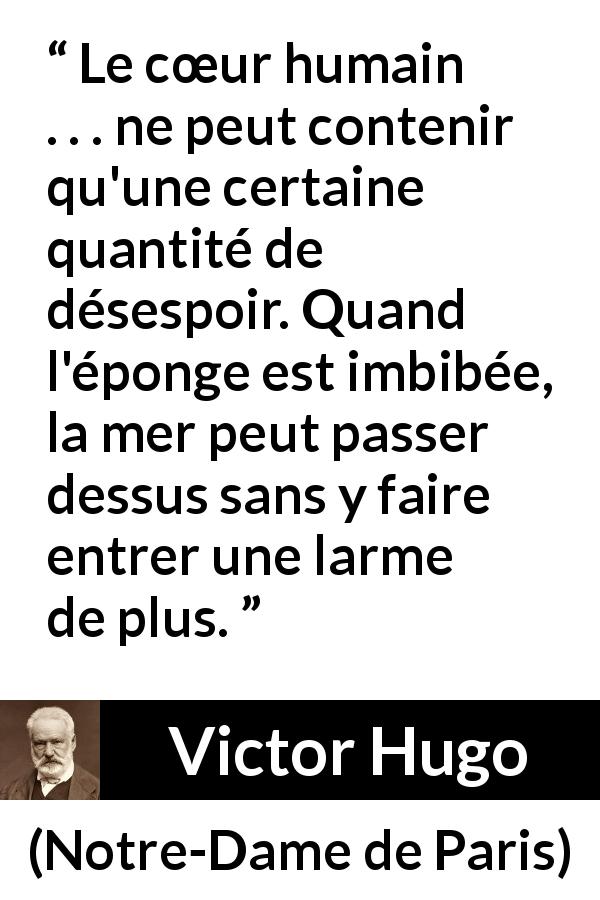 Citation de Victor Hugo sur le désespoir tirée de Notre-Dame de Paris - Le cœur humain . . . ne peut contenir qu'une certaine quantité de désespoir. Quand l'éponge est imbibée, la mer peut passer dessus sans y faire entrer une larme de plus.