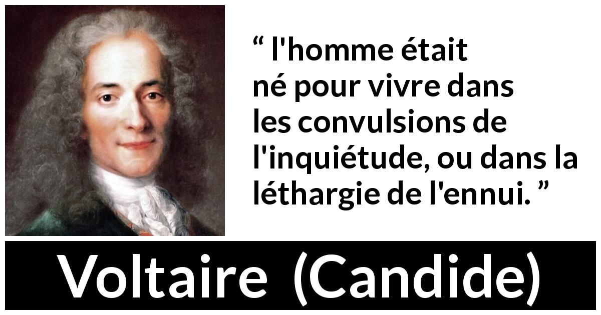 Citation de Voltaire sur l'ennui tirée de Candide - l'homme était né pour vivre dans les convulsions de l'inquiétude, ou dans la léthargie de l'ennui.