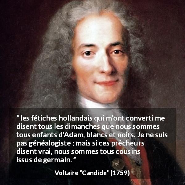 Citation de Voltaire sur la fraternité tirée de Candide - les fétiches hollandais qui m'ont converti me disent tous les dimanches que nous sommes tous enfants d'Adam, blancs et noirs. Je ne suis pas généalogiste ; mais si ces prêcheurs disent vrai, nous sommes tous cousins issus de germain.