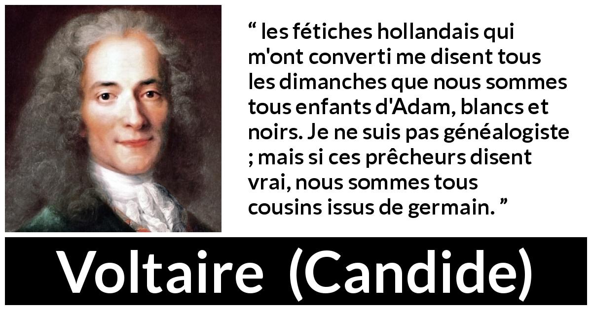Citation de Voltaire sur la fraternité tirée de Candide - les fétiches hollandais qui m'ont converti me disent tous les dimanches que nous sommes tous enfants d'Adam, blancs et noirs. Je ne suis pas généalogiste ; mais si ces prêcheurs disent vrai, nous sommes tous cousins issus de germain.