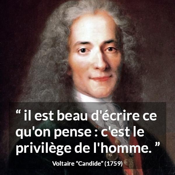 Citation de Voltaire sur la pensée tirée de Candide - il est beau d'écrire ce qu'on pense : c'est le privilège de l'homme.