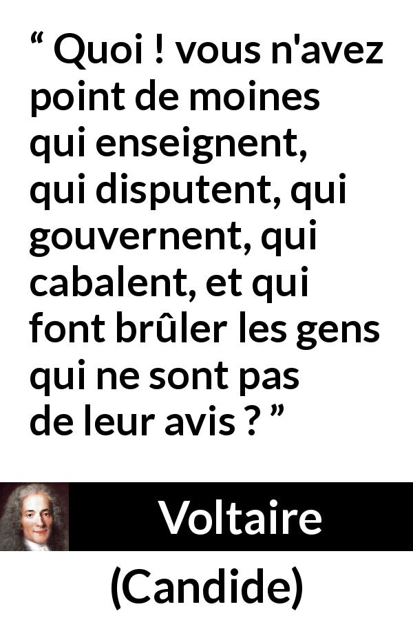 Citation de Voltaire sur la religion tirée de Candide - Quoi ! vous n'avez point de moines qui enseignent, qui disputent, qui gouvernent, qui cabalent, et qui font brûler les gens qui ne sont pas de leur avis ?