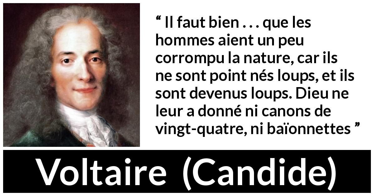 Citation de Voltaire sur la violence tirée de Candide - Il faut bien . . . que les hommes aient un peu corrompu la nature, car ils ne sont point nés loups, et ils sont devenus loups. Dieu ne leur a donné ni canons de vingt-quatre, ni baïonnettes