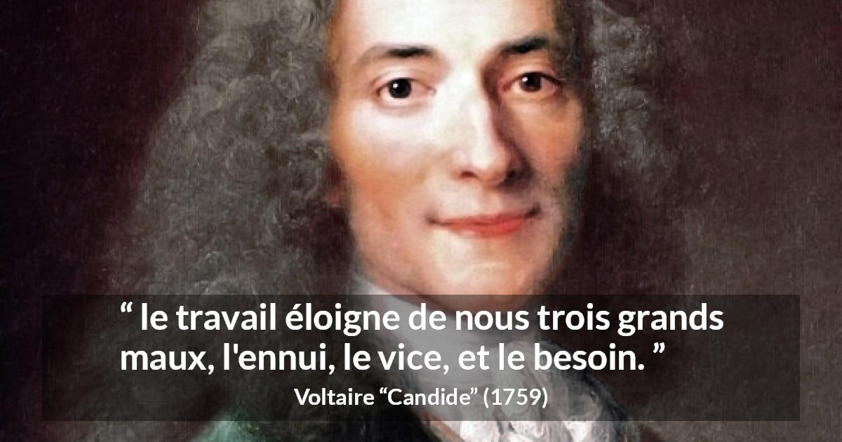 Citation de Voltaire sur le vice tirée de Candide - le travail éloigne de nous trois grands maux, l'ennui, le vice, et le besoin.