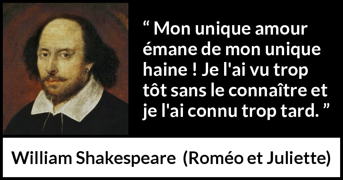Citation de William Shakespeare sur l'amour tirée de Roméo et Juliette - Mon unique amour émane de mon unique haine ! Je l'ai vu trop tôt sans le connaître et je l'ai connu trop tard.