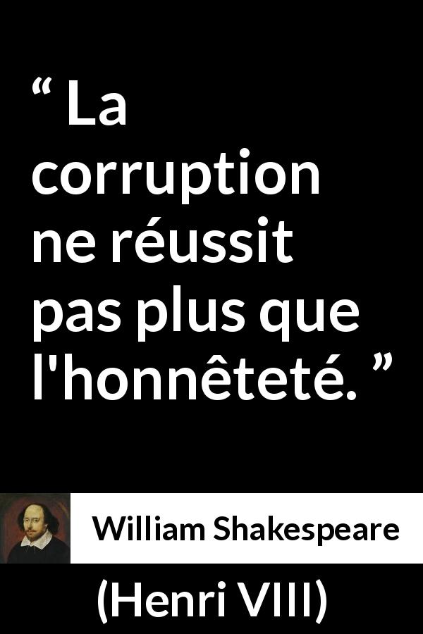 Citation de William Shakespeare sur la corruption tirée de Henri VIII - La corruption ne réussit pas plus que l'honnêteté.