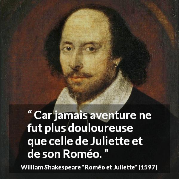 Citation de William Shakespeare sur la tristesse tirée de Roméo et Juliette - Car jamais aventure ne fut plus douloureuse 
que celle de Juliette et de son Roméo.
