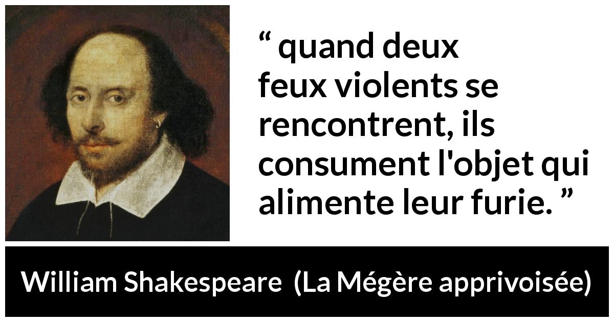 Citation de William Shakespeare sur la violence tirée de La Mégère apprivoisée - quand deux feux violents se rencontrent, ils consument l'objet qui alimente leur furie.