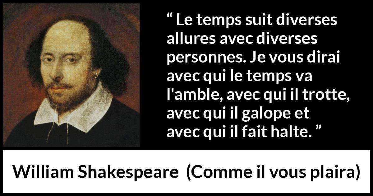 Citation de William Shakespeare sur le temps tirée de Comme il vous plaira - Le temps suit diverses allures avec diverses personnes. Je vous dirai avec qui le temps va l'amble, avec qui il trotte, avec qui il galope et avec qui il fait halte.
