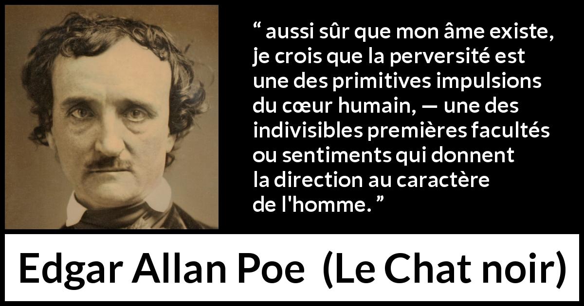 Citation d'Edgar Allan Poe sur l'humanité tirée du Chat noir - aussi sûr que mon âme existe, je crois que la perversité est une des primitives impulsions du cœur humain, — une des indivisibles premières facultés ou sentiments qui donnent la direction au caractère de l'homme.