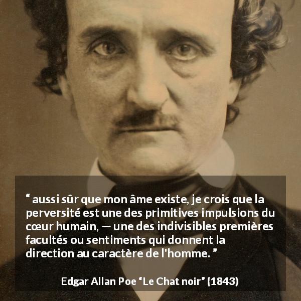 Citation d'Edgar Allan Poe sur l'humanité tirée du Chat noir - aussi sûr que mon âme existe, je crois que la perversité est une des primitives impulsions du cœur humain, — une des indivisibles premières facultés ou sentiments qui donnent la direction au caractère de l'homme.