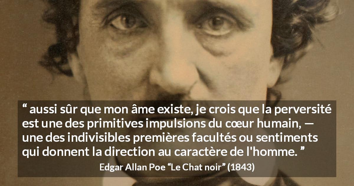 Citation d'Edgar Allan Poe sur l'humanité tirée du Chat noir - aussi sûr que mon âme existe, je crois que la perversité est une des primitives impulsions du cœur humain, — une des indivisibles premières facultés ou sentiments qui donnent la direction au caractère de l'homme.