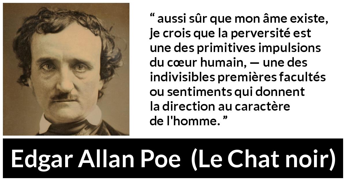 Citation d'Edgar Allan Poe sur l'humanité tirée du Chat noir - aussi sûr que mon âme existe, je crois que la perversité est une des primitives impulsions du cœur humain, — une des indivisibles premières facultés ou sentiments qui donnent la direction au caractère de l'homme.