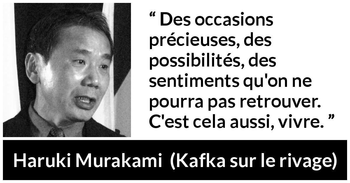 Citation de Haruki Murakami sur la vie tirée de Kafka sur le rivage - Des occasions précieuses, des possibilités, des sentiments qu'on ne pourra pas retrouver. C'est cela aussi, vivre.