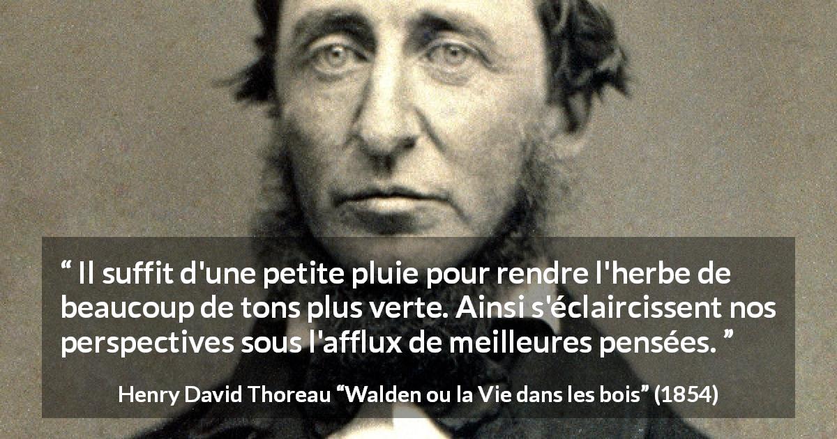 Citation de Henry David Thoreau sur la pensée tirée de Walden ou la Vie dans les bois - Il suffit d'une petite pluie pour rendre l'herbe de beaucoup de tons plus verte. Ainsi s'éclaircissent nos perspectives sous l'afflux de meilleures pensées.