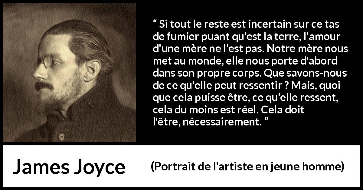 Citation de James Joyce sur l'amour tirée de Portrait de l'artiste en jeune homme - Si tout le reste est incertain sur ce tas de fumier puant qu'est la terre, l'amour d'une mère ne l'est pas. Notre mère nous met au monde, elle nous porte d'abord dans son propre corps. Que savons-nous de ce qu'elle peut ressentir ? Mais, quoi que cela puisse être, ce qu'elle ressent, cela du moins est réel. Cela doit l'être, nécessairement.