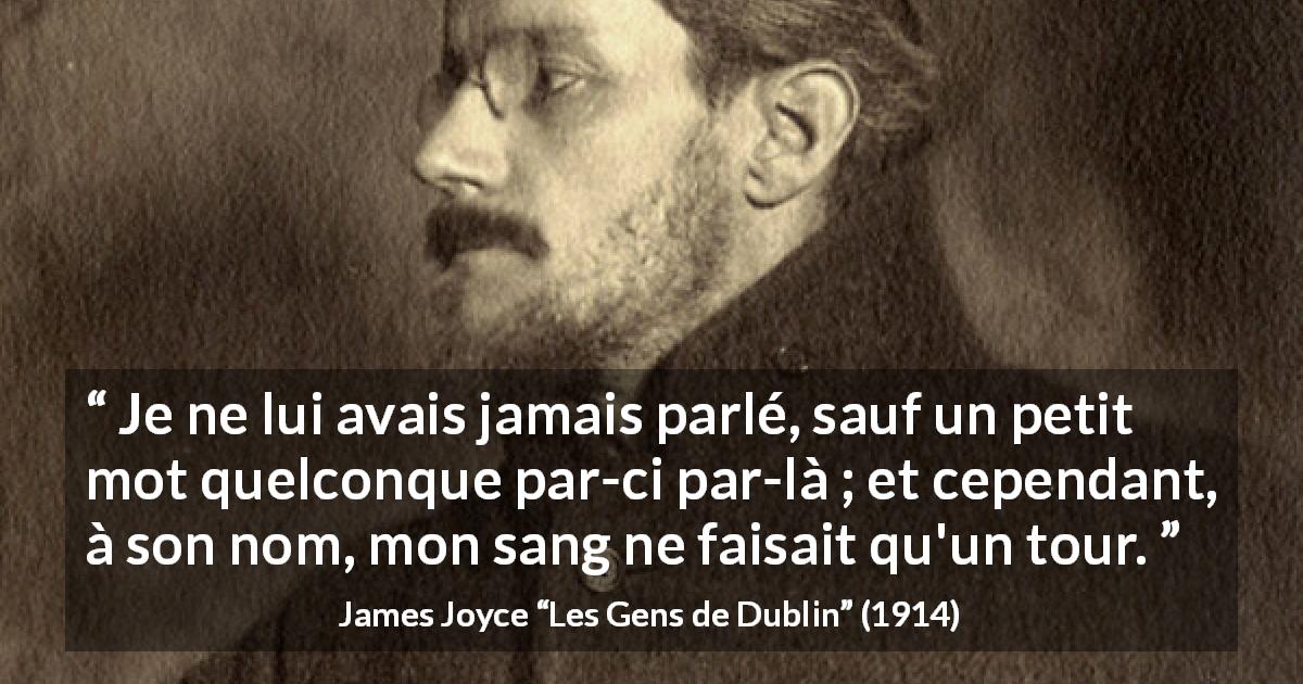 Citation de James Joyce sur l'attraction tirée des Gens de Dublin - Je ne lui avais jamais parlé, sauf un petit mot quelconque par-ci par-là ; et cependant, à son nom, mon sang ne faisait qu'un tour.