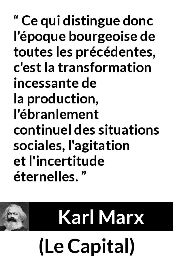 Citation de Karl Marx sur l'agitation tirée du Capital - Ce qui distingue donc l'époque bourgeoise de toutes les précédentes, c'est la transformation incessante de la production, l'ébranlement continuel des situations sociales, l'agitation et l'incertitude éternelles.