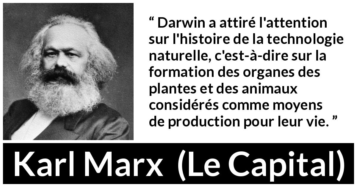 Citation de Karl Marx sur la nature tirée du Capital - Darwin a attiré l'attention sur l'histoire de la technologie naturelle, c'est-à-dire sur la formation des organes des plantes et des animaux considérés comme moyens de production pour leur vie.