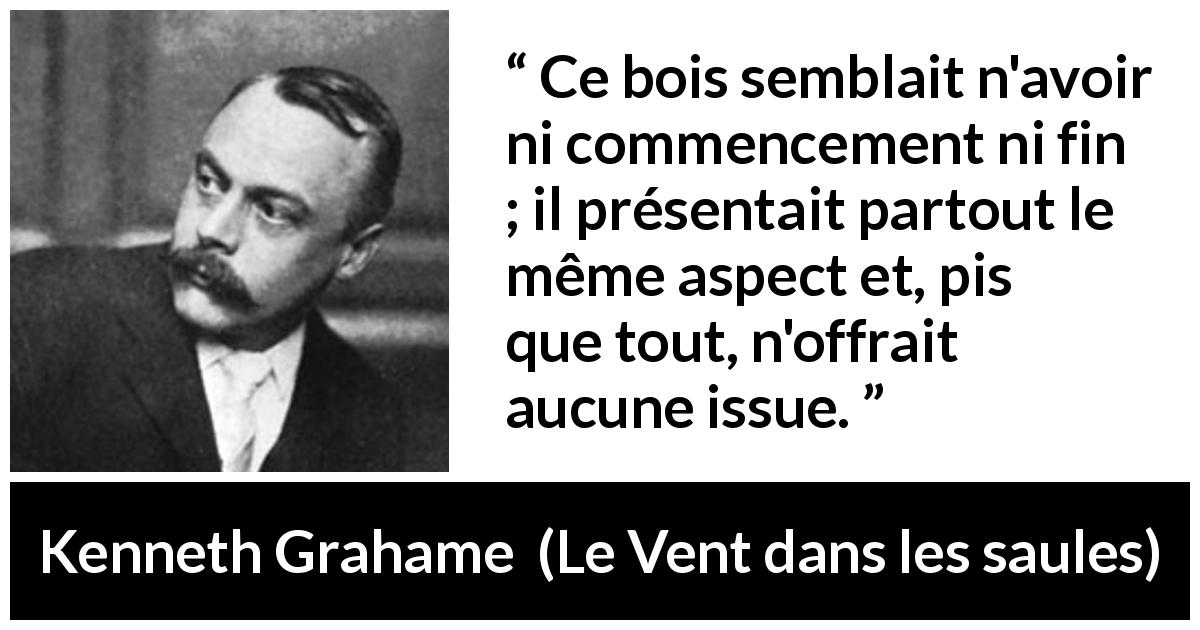 Citation de Kenneth Grahame sur le piège tirée du Vent dans les saules - Ce bois semblait n'avoir ni commencement ni fin ; il présentait partout le même aspect et, pis que tout, n'offrait aucune issue.