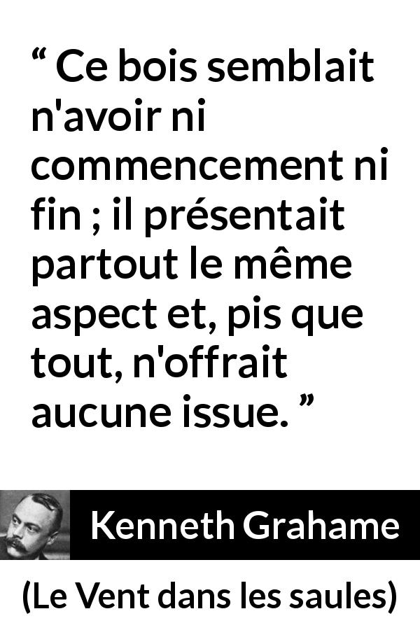 Citation de Kenneth Grahame sur le piège tirée du Vent dans les saules - Ce bois semblait n'avoir ni commencement ni fin ; il présentait partout le même aspect et, pis que tout, n'offrait aucune issue.