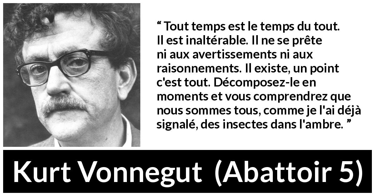 Citation de Kurt Vonnegut sur l'instant tirée d'Abattoir 5 - Tout temps est le temps du tout. Il est inaltérable. Il ne se prête ni aux avertissements ni aux raisonnements. Il existe, un point c'est tout. Décomposez-le en moments et vous comprendrez que nous sommes tous, comme je l'ai déjà signalé, des insectes dans l'ambre.