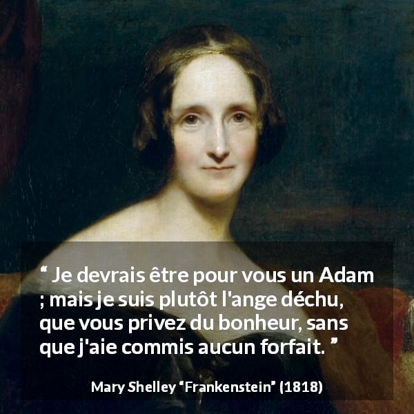 Citation de Mary Shelley sur l'injustice tirée de Frankenstein - Je devrais être pour vous un Adam ; mais je suis plutôt l'ange déchu, que vous privez du bonheur, sans que j'aie commis aucun forfait.