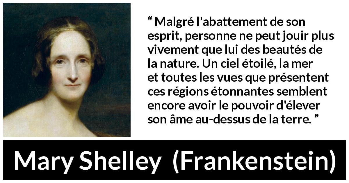 Citation de Mary Shelley sur la nature tirée de Frankenstein - Malgré l'abattement de son esprit, personne ne peut jouir plus vivement que lui des beautés de la nature. Un ciel étoilé, la mer et toutes les vues que présentent ces régions étonnantes semblent encore avoir le pouvoir d'élever son âme au-dessus de la terre.