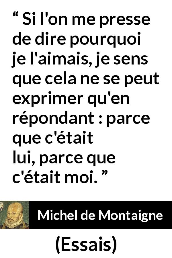 Citation de Michel de Montaigne sur l'amitié tirée d'Essais - Si l'on me presse de dire pourquoi je l'aimais, je sens que cela ne se peut exprimer qu'en répondant : parce que c'était lui, parce que c'était moi.