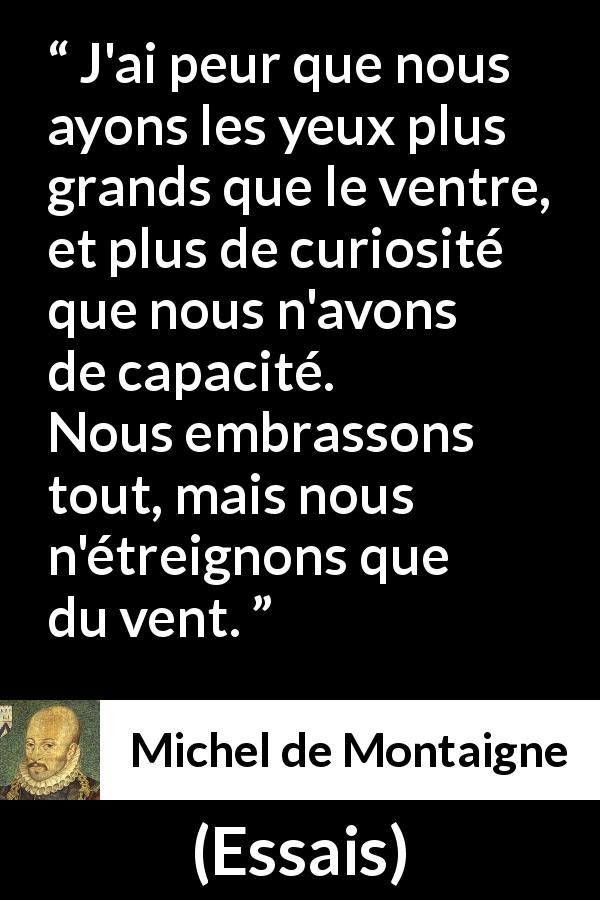 Citation de Michel de Montaigne sur la compétence tirée d'Essais - J'ai peur que nous ayons les yeux plus grands que le ventre, et plus de curiosité que nous n'avons de capacité. Nous embrassons tout, mais nous n'étreignons que du vent.
