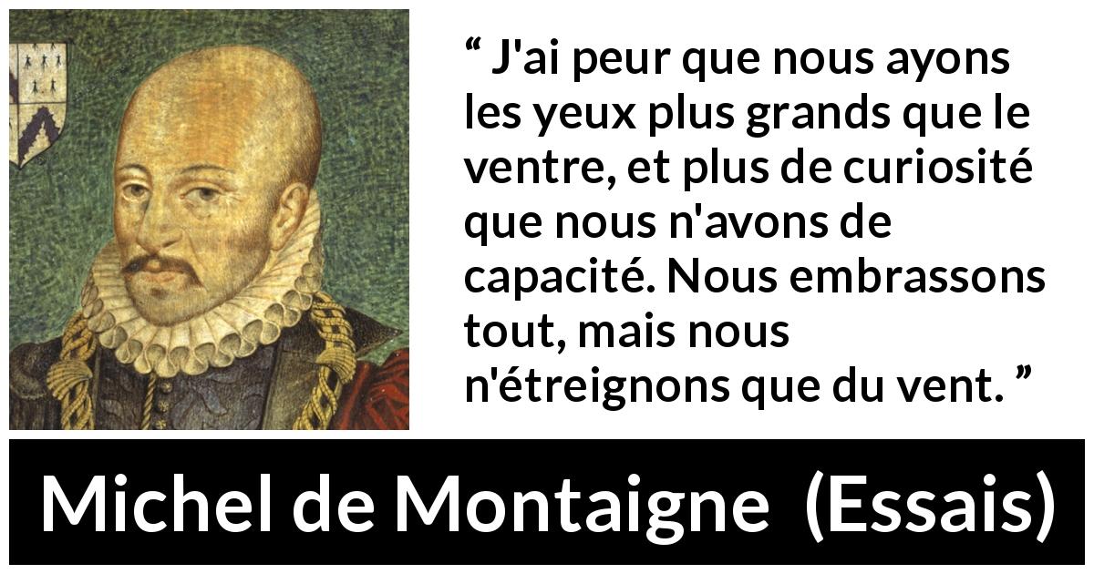 Citation de Michel de Montaigne sur la compétence tirée d'Essais - J'ai peur que nous ayons les yeux plus grands que le ventre, et plus de curiosité que nous n'avons de capacité. Nous embrassons tout, mais nous n'étreignons que du vent.