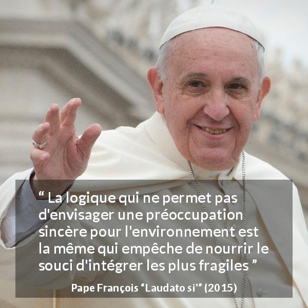 Citation de Pape François sur la protection tirée de Laudato si' - La logique qui ne permet pas d'envisager une préoccupation sincère pour l'environnement est la même qui empêche de nourrir le souci d'intégrer les plus fragiles