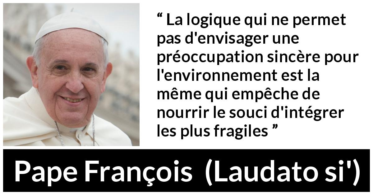 Citation de Pape François sur la protection tirée de Laudato si' - La logique qui ne permet pas d'envisager une préoccupation sincère pour l'environnement est la même qui empêche de nourrir le souci d'intégrer les plus fragiles