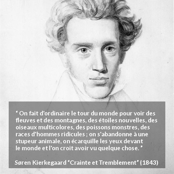 Citation de Søren Kierkegaard sur la nature tirée de Crainte et Tremblement - On fait d'ordinaire le tour du monde pour voir des fleuves et des montagnes, des étoiles nouvelles, des oiseaux multicolores, des poissons monstres, des races d'hommes ridicules ; on s'abandonne à une stupeur animale, on écarquille les yeux devant le monde et l'on croit avoir vu quelque chose.