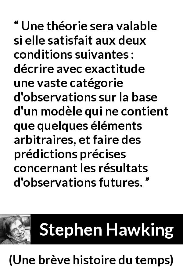 Citation de Stephen Hawking sur l'observation tirée d'Une brève histoire du temps - Une théorie sera valable si elle satisfait aux deux conditions suivantes : décrire avec exactitude une vaste catégorie d'observations sur la base d'un modèle qui ne contient que quelques éléments arbitraires, et faire des prédictions précises concernant les résultats d'observations futures.