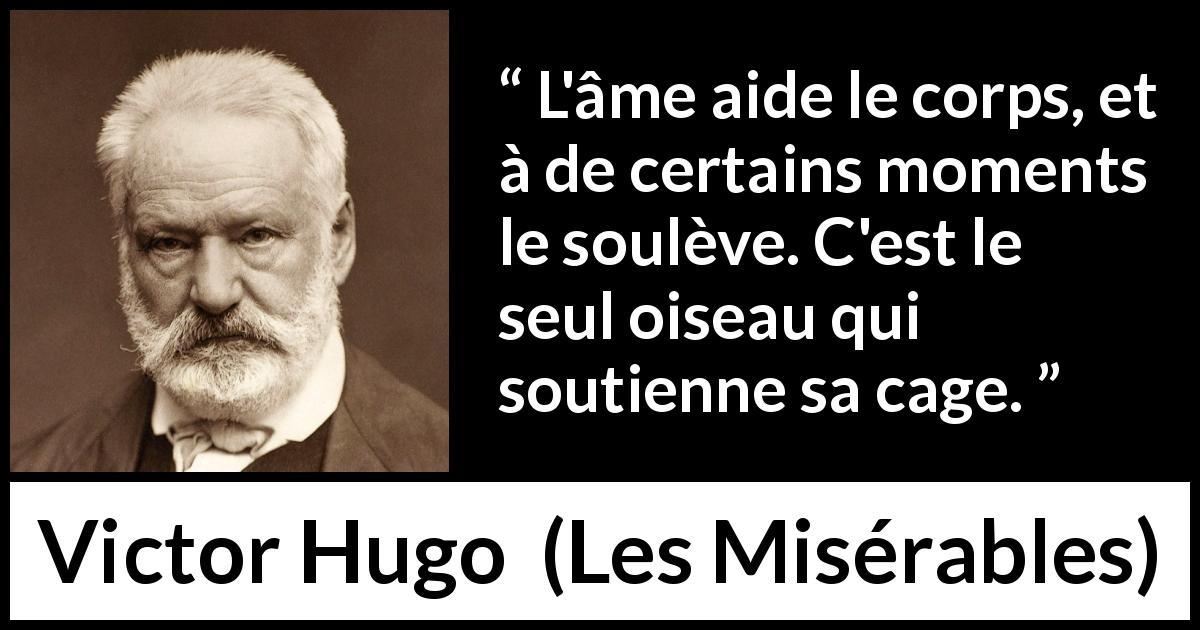 Citation de Victor Hugo sur l'âme tirée des Misérables - L'âme aide le corps, et à de certains moments le soulève. C'est le seul oiseau qui soutienne sa cage.