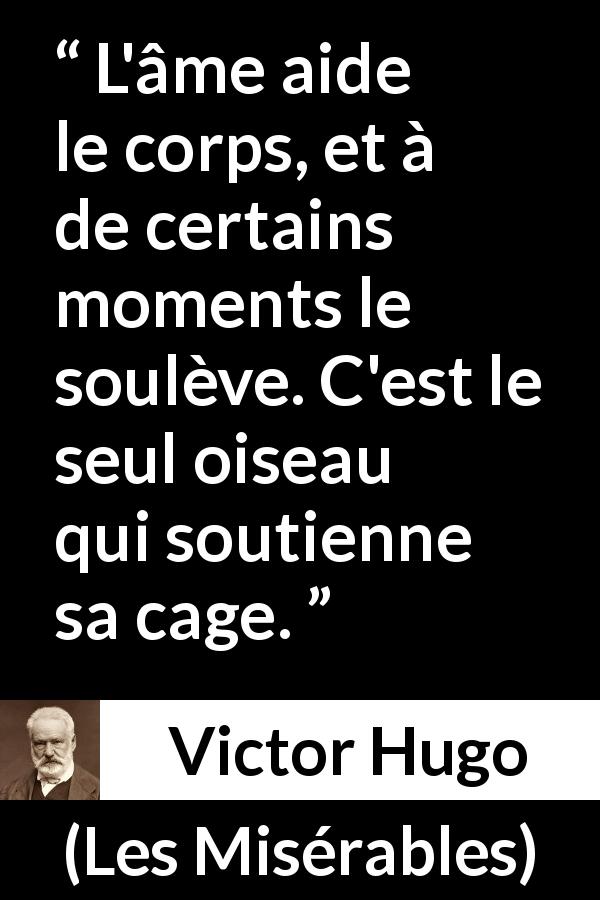 Citation de Victor Hugo sur l'âme tirée des Misérables - L'âme aide le corps, et à de certains moments le soulève. C'est le seul oiseau qui soutienne sa cage.