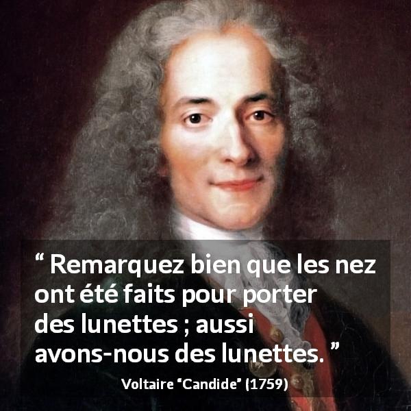 Citation de Voltaire sur les conséquences tirée de Candide - Remarquez bien que les nez ont été faits pour porter des lunettes ; aussi avons-nous des lunettes.