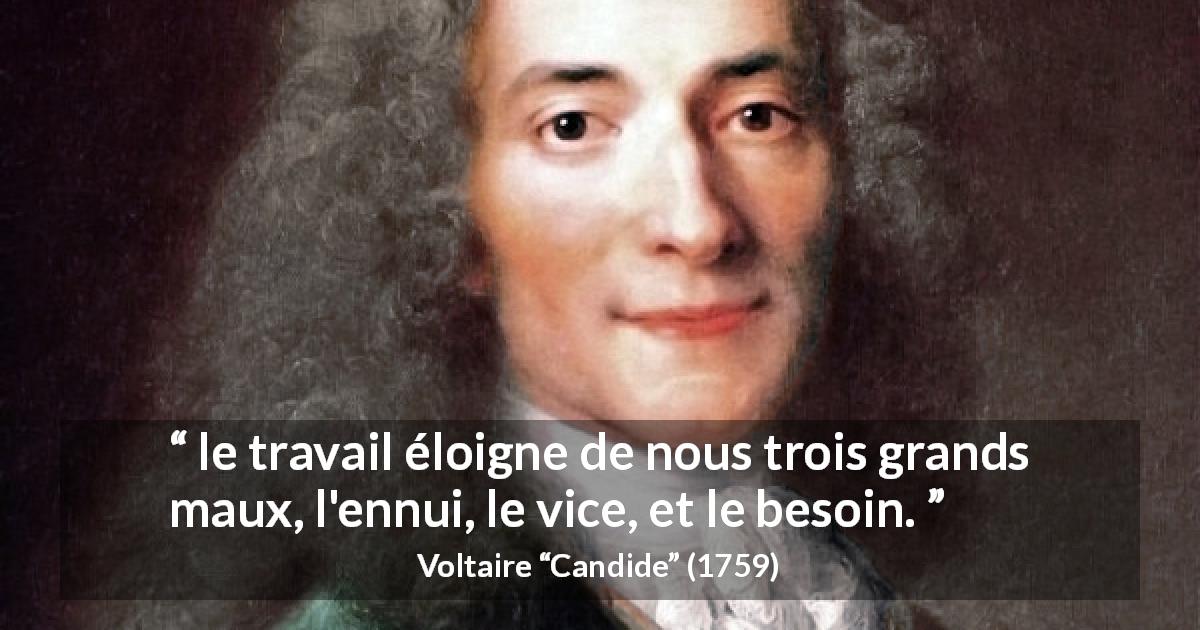 Citation de Voltaire sur le vice tirée de Candide - le travail éloigne de nous trois grands maux, l'ennui, le vice, et le besoin.